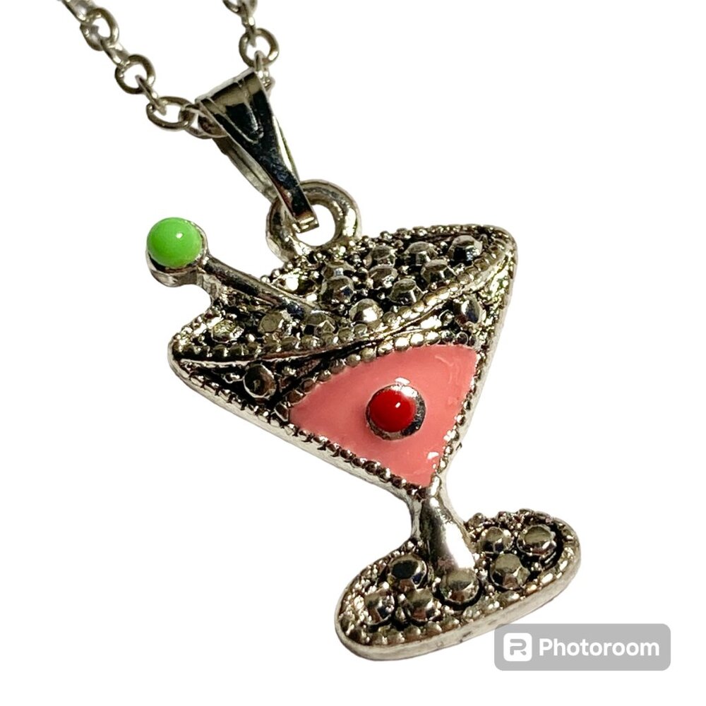 Martini Cocktail Drink Cup Glass Charm Necklace Pendant Pink Enamel 18" Chain